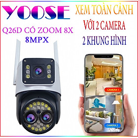 Camera Yoosee 3 Mắt, 2 Màn Hình Ptz Q26D 8Mpx Có Zoom 8X Có Cổng Lan, Có Đèn, Đàm Thoại, Ban Đêm Có Màu Xoay 360 Độ Hàng Chính Hãng