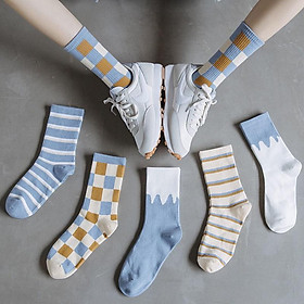 Set 5 đôi tất nữ cổ cao Ulzzang Sollle, combo 5 vớ nữ họa tiết hoạt hình cute Hàn Quốc