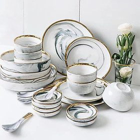Bộ bát đĩa Gốm sứ cao cấp Men Gấm họa tiết vân đá viền vàng cao cấp sang trọng 32 sản phẩm dùng bữa ăn gia đình nhà hàng khách sạn