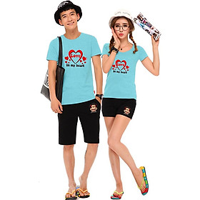 Bộ Áo Thun Đôi Nam Nữ Love In My Heart Màu Xanh Thiên Thanh