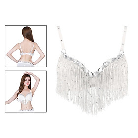 Belly Dance Bra Sparkle Sequined Tassel Top Party Club White