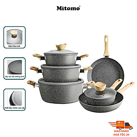 Bộ nồi chảo chống dính vân đá tự nhiên cao cấp 6 món, Mitomo Queen Time, dùng cho mọi loại bếp - Hàng chính hãng