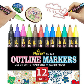 Double Line Outline Pens,12 Colours Outline Pens Fluorescent Glitter Two-Line Pen Permanent Marker Waterproof Pen for Card Making