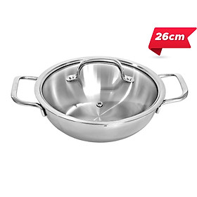 Mua Nồi lẩu Inox 304 đúc liền 3 lớp 2 quai Hàn Quốc Uni-Clad size 22cm/ 26cm vung kính