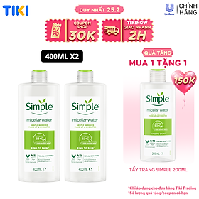 Combo 2 Nước tẩy trang Simple Micellar làm sạch 99% trang điểm, cho da thoáng mịn tức thì 400ml x2