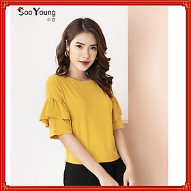 Áo thun vàng cổ thuyền tay lỡ bèo rúm -Sooyoung