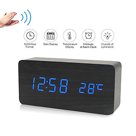 Đồng hồ báo thức kỹ thuật số bằng gỗ,màn hình LED, 3 chế độ hiển thị, điều khiển bằng giọng nói-Màu đen-Size LED xanh lam