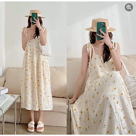 Đầm hai dây hoa nhí vàng buộc nơ vai - Váy 2 dây babydoll cúc ngực siêu đẹp