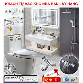 Combo Thiết Bị Nhà Tắm Cao Cấp KAZTA KZ-CBT15VĐ: Bồn Cầu 1 Khối Viền Vàng - Sen Tắm Chỉnh Nhiệt - Gương LED - Lavabo Bàn Đá 2 Tầng - Vòi và phụ kiện