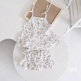 Set áo 2 dây quần đùi chip họa tiết hoa nhí cho bé gái siêu xinh, vải thô mềm, thoáng mát size 6 - 15 kg