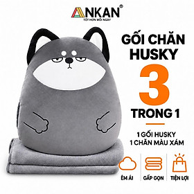 Bộ Chăn Gối Văn Phòng 3 Trong 1 Kiểu Chó Husky Mặt Cộc - Siêu Dễ Thương Dùng Để Giữ Ấm Tay Có Chăn Đắp Và Gối Kê Đầu Vô Cùng Tiện Lợi