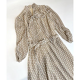 SHEAZ Đầm váy tơ chấm bi nâu trắng nhạt vintage cổ dây nơ tay lỡ midi dài qua đầu gối