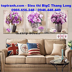 Tranh thêu chữ thập bộ 3 bình hoa hồng tím treo cầu thang, phòng khách DT8453 chưa thêu