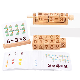 Wooden Number Blocks Moveable Spinning Number Matching Blocks Basic Math Arithmetic Learning with 50pcs Cards