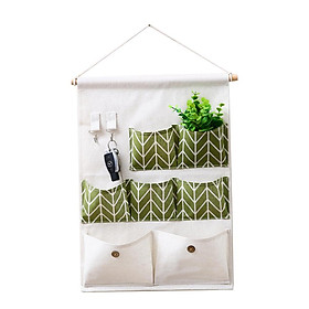 Túi vải treo tường bằng cottonlinen cao cấp với 7 ngăn đựngvà 2 móc đồ tiện dụng-Màu xanh lá