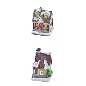 2pcs Christmas Snow Village Ornaments LED Statue Holiday House for Home