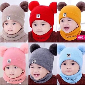 Set mũ len 2 quả bông kèm khăn len siêu ấm cho bé