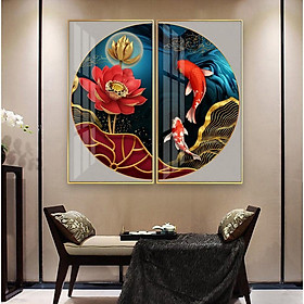 Tranh bộ 2 trang trí nhà hàng chay Đôi cá Koi bên Hoa sen phong cách Nhật tuyệt đẹp bóng kiếng hoặc vải ca