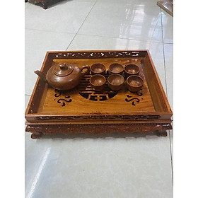 Combo khay trà chân quỳ, bộ ấm chén gỗ hương