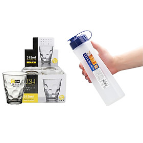 Combo hộp 4 chiếc cốc thủy tinh 315ml + Bình nước du lịch 1000ml hàng nội địa Nhật Bản