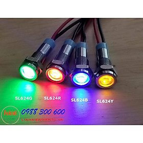 Đèn báo tín hiệu 12-24V, phi 6mm vỏ inox, màu xanh dương, xanh lá, đỏ và vàng - SL624x (x=R/G/B/Y)