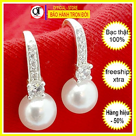 Bông tai nữ ngọc nhân tạo màu trắng, kiểu khuyên sát tai chất liệu bạc thật Bạc Quang Thản - QTBT33
