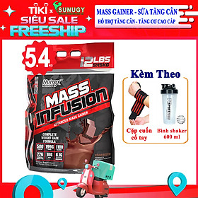 Combo Sữa tăng cơ & tăng cân Mass Infusion của Nutrex bịch Lớn 5.45kg hỗ trợ tăng cân, tăng cơ nhanh, có enzim tiêu hoá cho người dị ứng lactose & Bình lắc 600 ml (Màu Ngẫu Nhiên) & Cặp cuốn tay - Chocolate