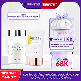 Bộ đôi chống nắng dưỡng trắng da PREMIUM COLLAGEN hộp 30v và BIHAKU SUNSCREEN CARE SPF50+ PA++++ tuýp 35ml giúp hạn chế vấn đề cháy nắng và dưỡng trắng chống lão hóa