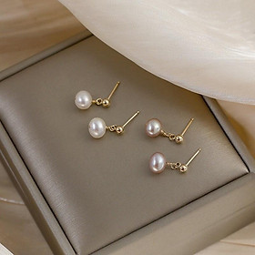 Bông Tai Bạc S925 Mạ Vàng Treo Hạt Size 6ly, Bông Tai Ngọc Trai Nước Ngọt Tự Nhiên Sang Trọng - Trường Thịnh Ngọc Trai