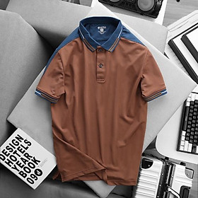 Áo thun polo nam phối vai cổ Simple Basic, chống nhăn, mềm mịn, co giãn, thoáng mát, màu nâu phối xanh navy