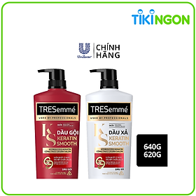 Combo Dầu Gội, Dầu Xả TRESEMME Keratin Smooth Dưỡng tóc khô xơ rối Công thức chuẩn salon Hydrolyzed Keratin trong Dầu Gội và dầu Xả dưỡng Tóc Vào Nếp Suôn Mượt 640g, 620g