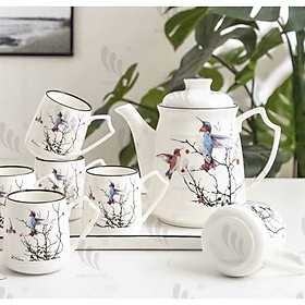 Mua Bộ ấm chén kèm khay pha trà cà phê sứ trắng họa tiết chim đậu cành cây  - ANTH12