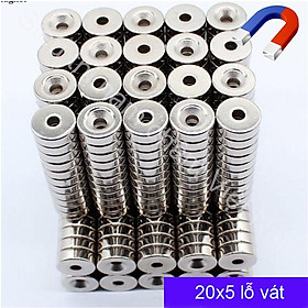 Nam châm 20x5mm lỗ vát 5mm set 5 viên, viên hình tròn màu trắng bạc siêu mạnh