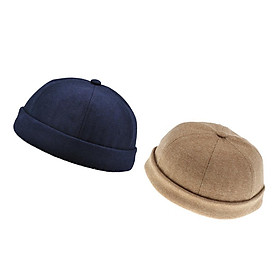 2Pack Men's Docker Hat Sailor Cap Mechanic Biker Hat Skull Beanie Cap Plain - 2 Pcs-Light Brown+Navy