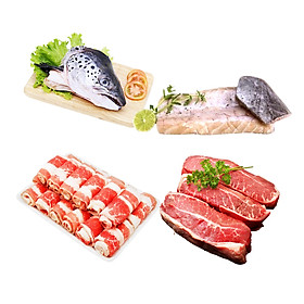 Combo 16: 1 Đầu cá hồi + 500gr lườn cá thu + 500gr Ba chỉ bò Mỹ cuộn + 500gr Lõi vai bò Úc cắt lát