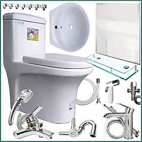 Mua Combo thiết bị nhà tắm GRMT04 10 món: Bồn cầu 1 khối xả nhấn-Lavabo treo tường-Vòi sen tắm nóng lạnh tăng áp 3 chế độ nước kèm bộ phụ kiện nhà tắm sang trọng