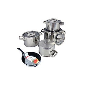 Bộ Nồi inox 304 Và Chảo Chống Dính Inox 430 Bếp Từ 3 Đáy Fivestar 5 Món Nắp inox