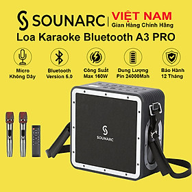 Loa Karaoke Bluetooth 5.0 SOUNARC A3 PRO Kèm 2 Micro Không Dây Và Điều Khiển Từ Xa, Công suất 160W, Pin Tích Hợp 24000mAh, Chống Nước IPX6 - Hàng chính hãng