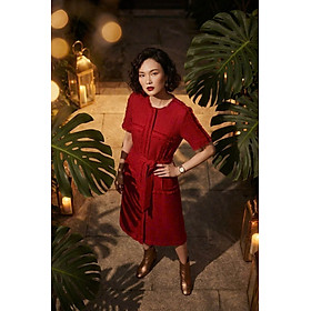 Đầm Suông Tua Rua Tweed Đỏ, Đầm Suông Thắt Eo Thanh Minh thời trang thiết kế Hity Dre201
