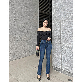 Quần jeans ống loe nữ dáng dài lưng 3 cúc siêu cao co giãn thoải mái thiết kế HQJeans HQ80