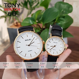 Đồng hồ nam Halei dây đen da mặt số vạch chính hãng Tony Watch 68