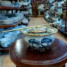 Mua Điếu bát men rạn bọc đồng đắp nổi cây Tùng chính hãng gốm sứ Bát Tràng (điếu hút thuốc lào)