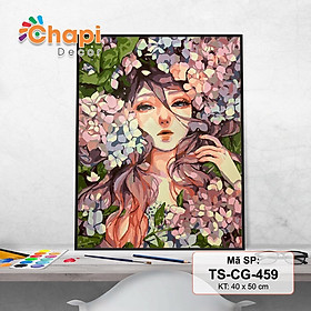 Mua Tranh tô màu số hóa Cô Gái Tóc Hoa  Nàng Thơ KT 40x50cm đã căng khung  Có dầu bóng