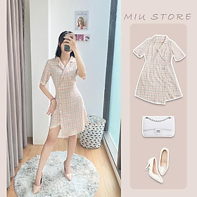 Váy caro hồng cổ vest, Miu Store_ DS0020