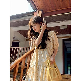 Váy babydoll hoa nhí tay bồng -Đầm nữ vintage dáng suông Hàn Quốc