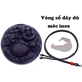 Mặt dây chuyền Phật Di lặc tròn đá đen 4.5 cm ( size lớn ) kèm vòng cổ dây dù đen + móc inox trắng, mặt dây chuyền Phật cười