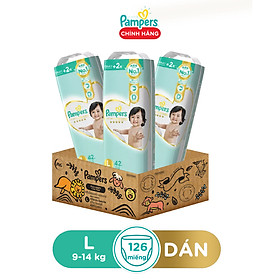 Thùng 3 Gói Tã/ Bỉm Dán PAMPERS Nhật Thượng Hạng, Size L (126 miếng, 9-14kg), Siêu Mềm Mịn & Thoáng Khí