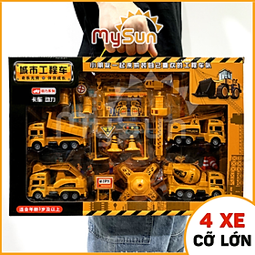 Bộ xe đồ chơi công trình trẻ em mô hình cho bé trai Cần cẩu, Xe Ben, Xe Tải, Trộn bê tông MySun