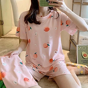 Combo bộ cotton nữ quần đùi bộ rời quần áo họa tiết xinh xắn kèm túi vải mềm thoáng P05 hình quả đào