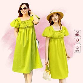 Váy A suông thoải mái, vai bồng rút tiểu thư, cổ vuông chun, tông xanh bơ hot trend Peony - GAMI DRESS